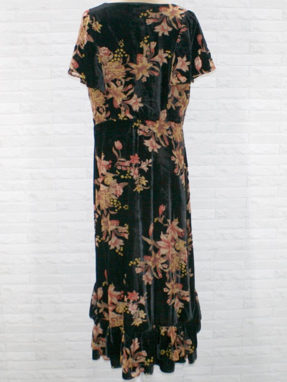 REBA Dress Floral Velvet Burnout V-Neck Ruffle Cottagecore Midi Black Coral 12 - Picture 5 of 16
